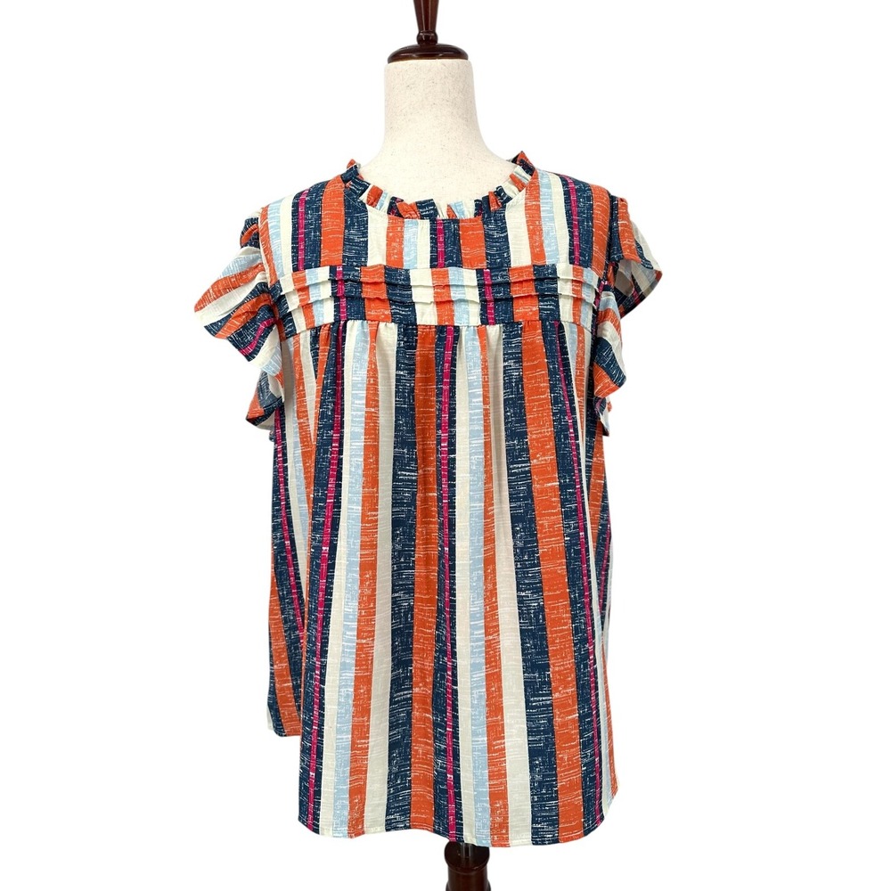 SHEWIN Flutter Sleeve Blouse Navy & Orange Stripe Ruffle Neck‎ Women's 2XL